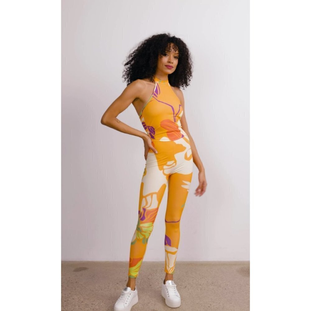 NWT Hilary MacMillan orange palm print fitted high-waisted leggings, M